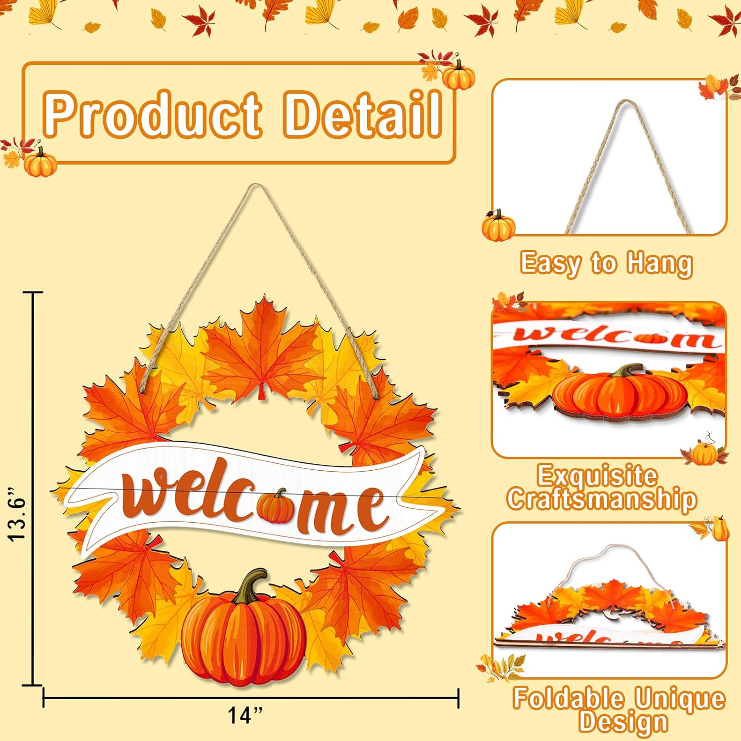Fall Wreath for Front Door Decor Foldable Welcome Sign Autumn Thanksgiving Harvest Hanging Decoration