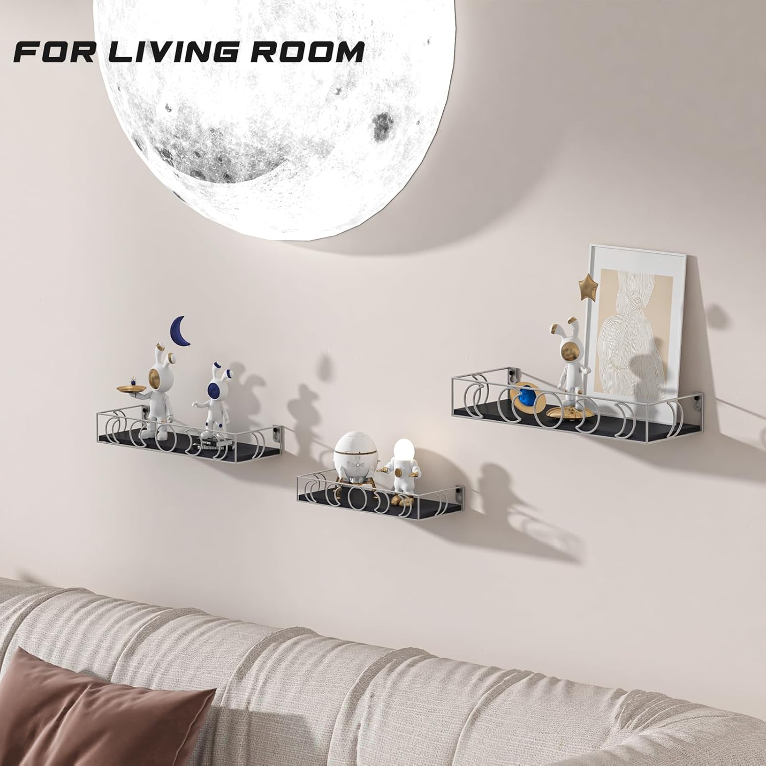 Moon Phase Wall Shelves Black Silver 3 Pack