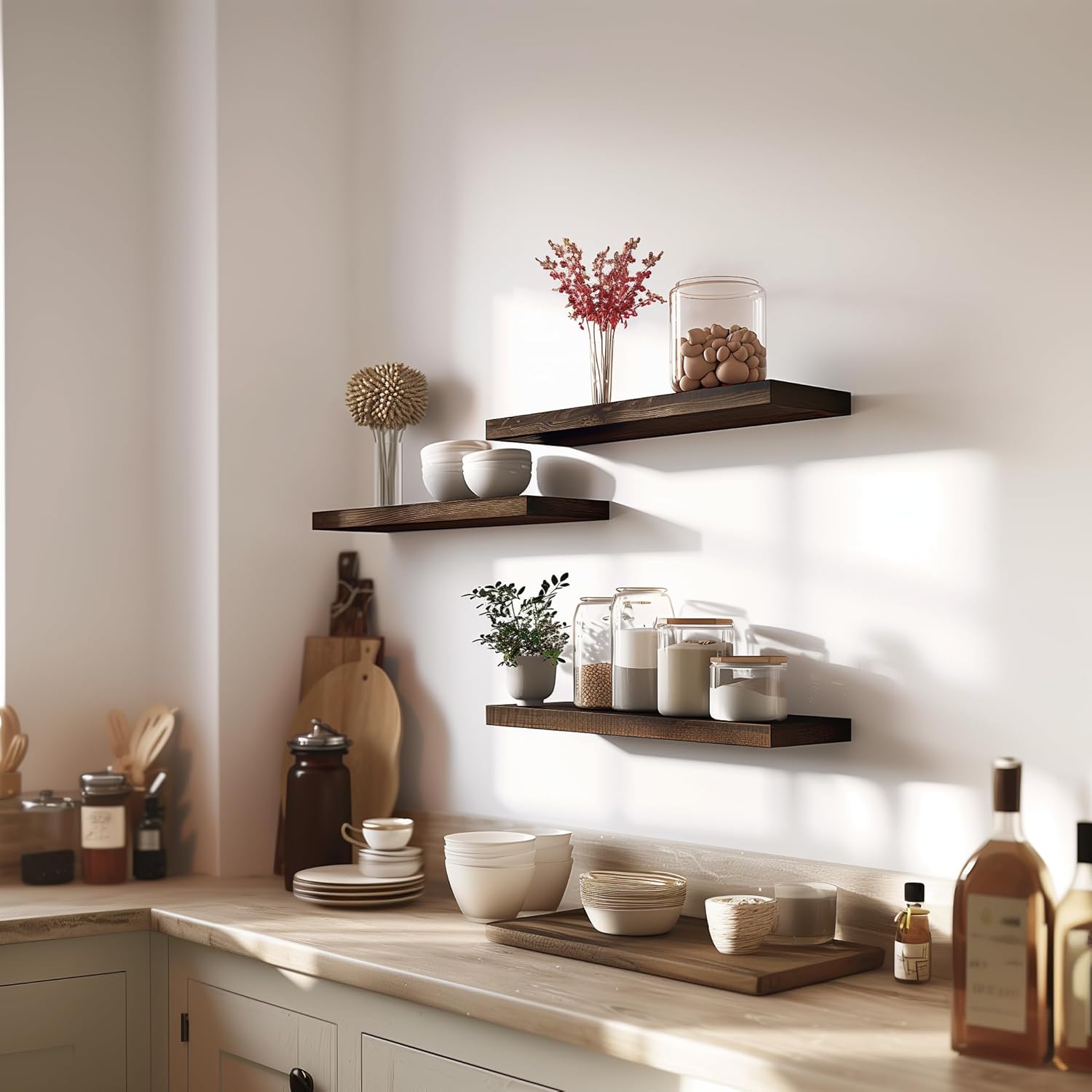 Brown Wood Floating Shelves Set of 6 for Rustic Bedroom Living Room