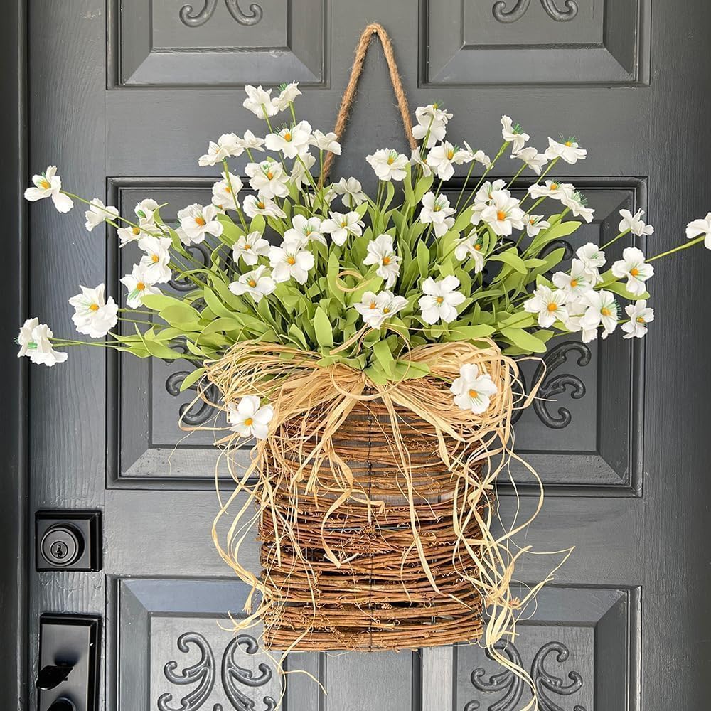 Cream Hydrangea Wreath with Rattan Basket and Burlap Bow