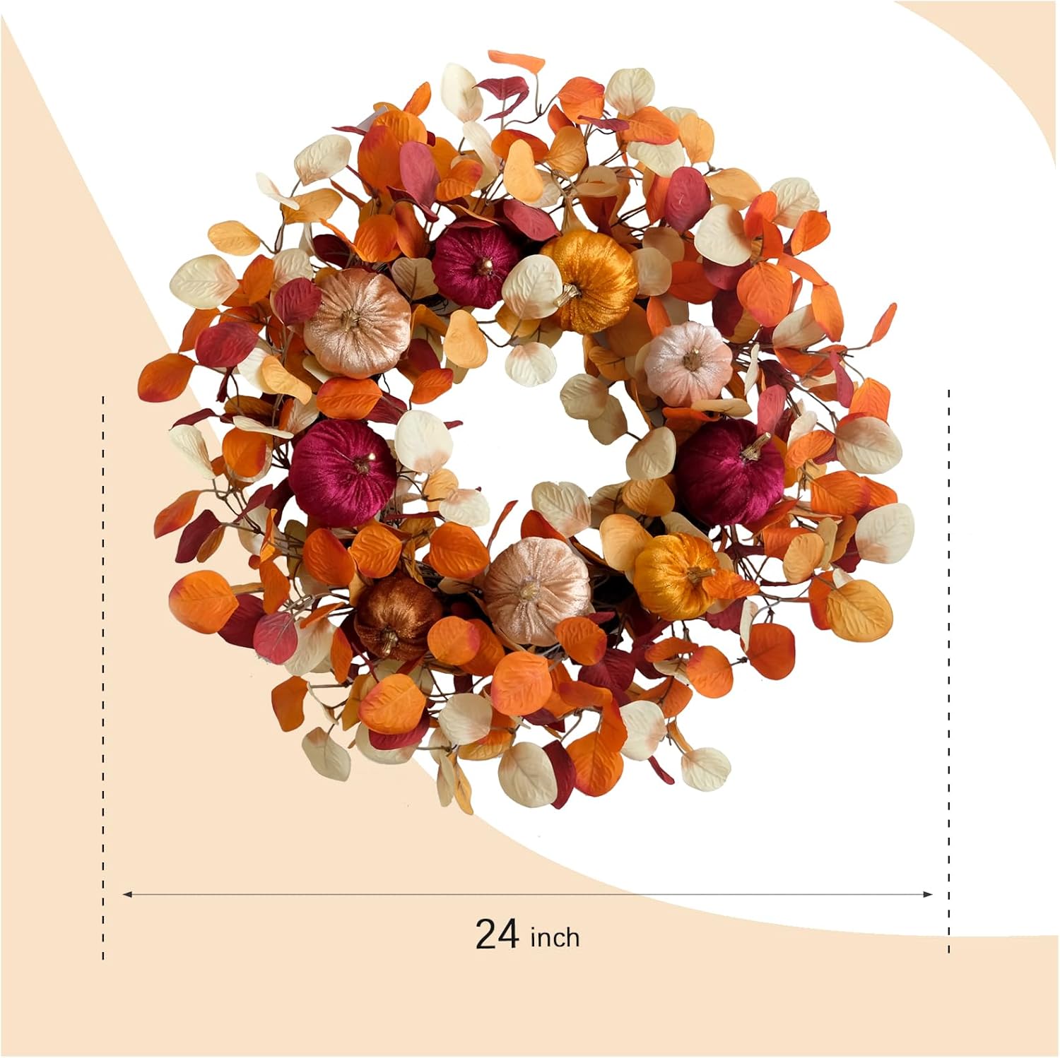 24 Inch Fall Eucalyptus Velvet Pumpkin Wreath for Front Door