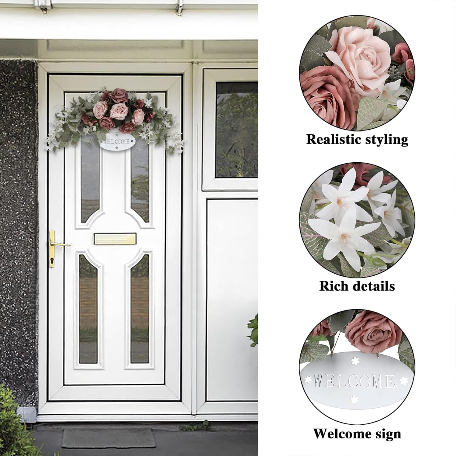 Artificial Rose and Eucalyptus Front Door Wreath with Welcome Sign