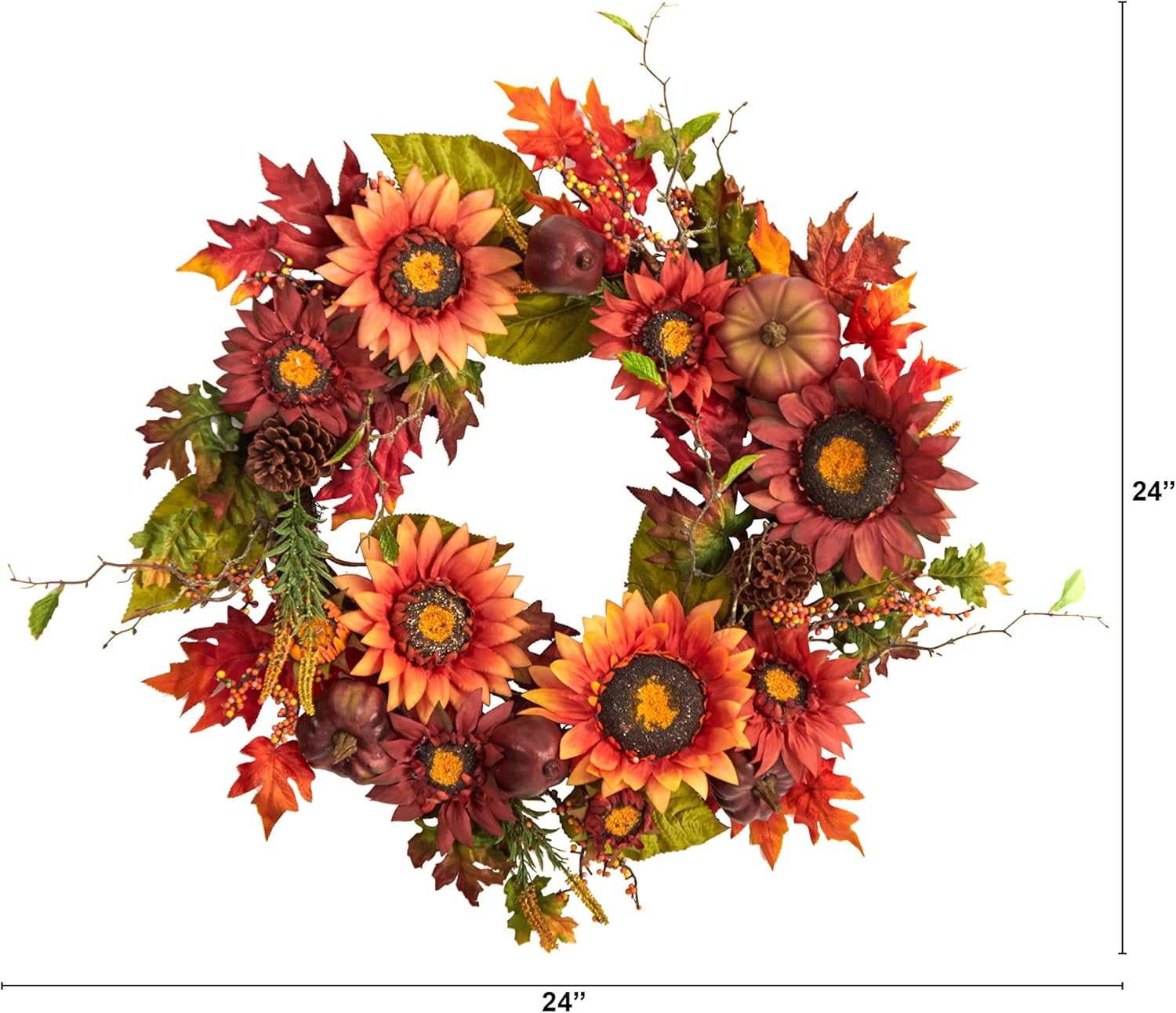 Nearly Natural 24in Autumn Fall Wreath with Sunflowers Pumpkins and Berries