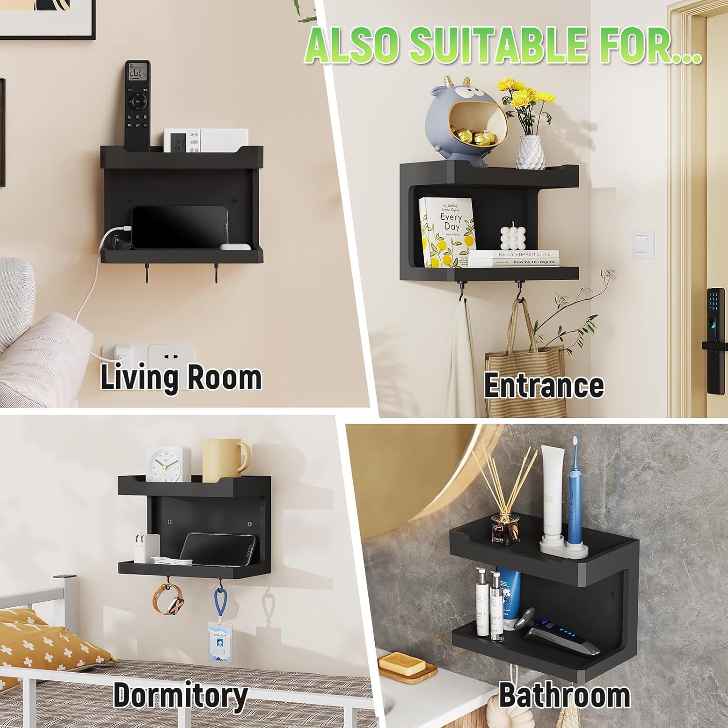 NiHome Large Wall Mounted Wooden Bedside Organizer with Magnetic Hooks - Black