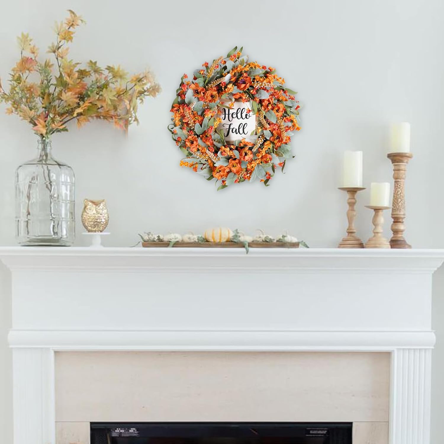 Bibelot Fall Wreaths 22 Inch Lambs Ears Leaves Yellow Flowers Hello Fall Sign Front Door Porch Farmhouse Decor