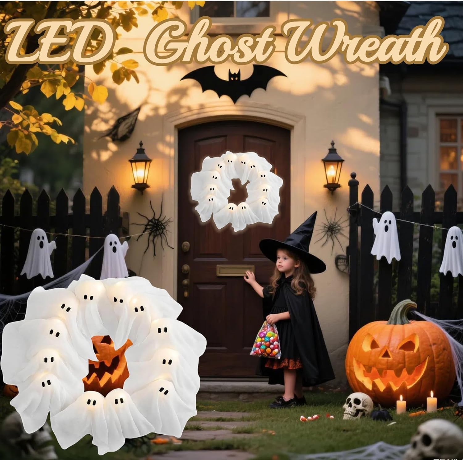 Spooky Light-Up Ghost Wreath for Front Door