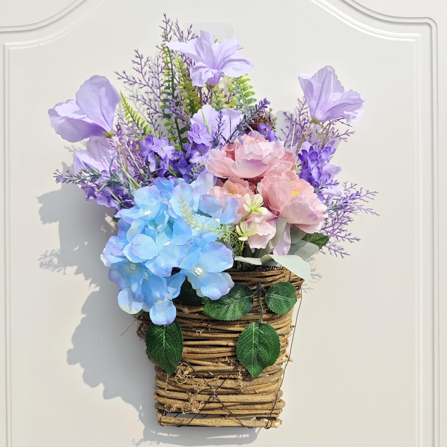 Hydrangea Door Wreath with Artificial Flowers and Rattan Basket 1