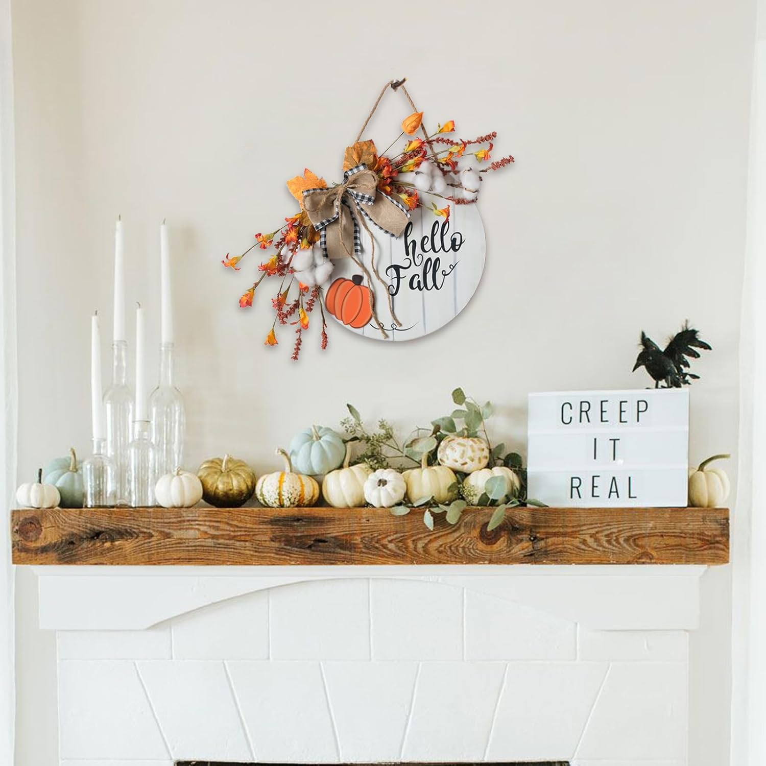 Fall Wreath Wooden Hanging Sign with Burlap Bow and Maple Leaves