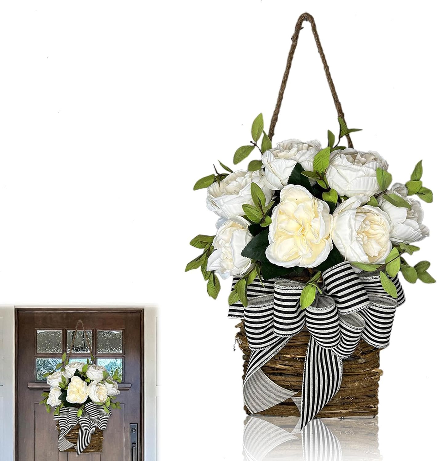 White Hydrangea Door Wreath with Basket Hanger Welcome Sign