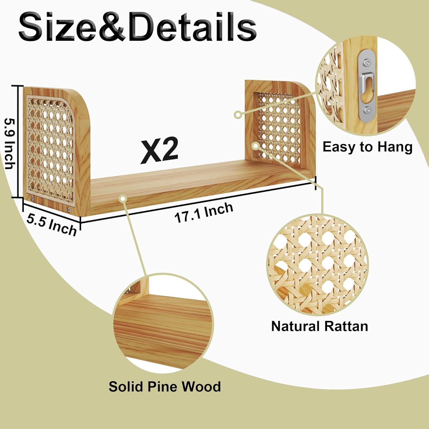 Rattan Shelf Set of 2 for Kids Room and Living Room