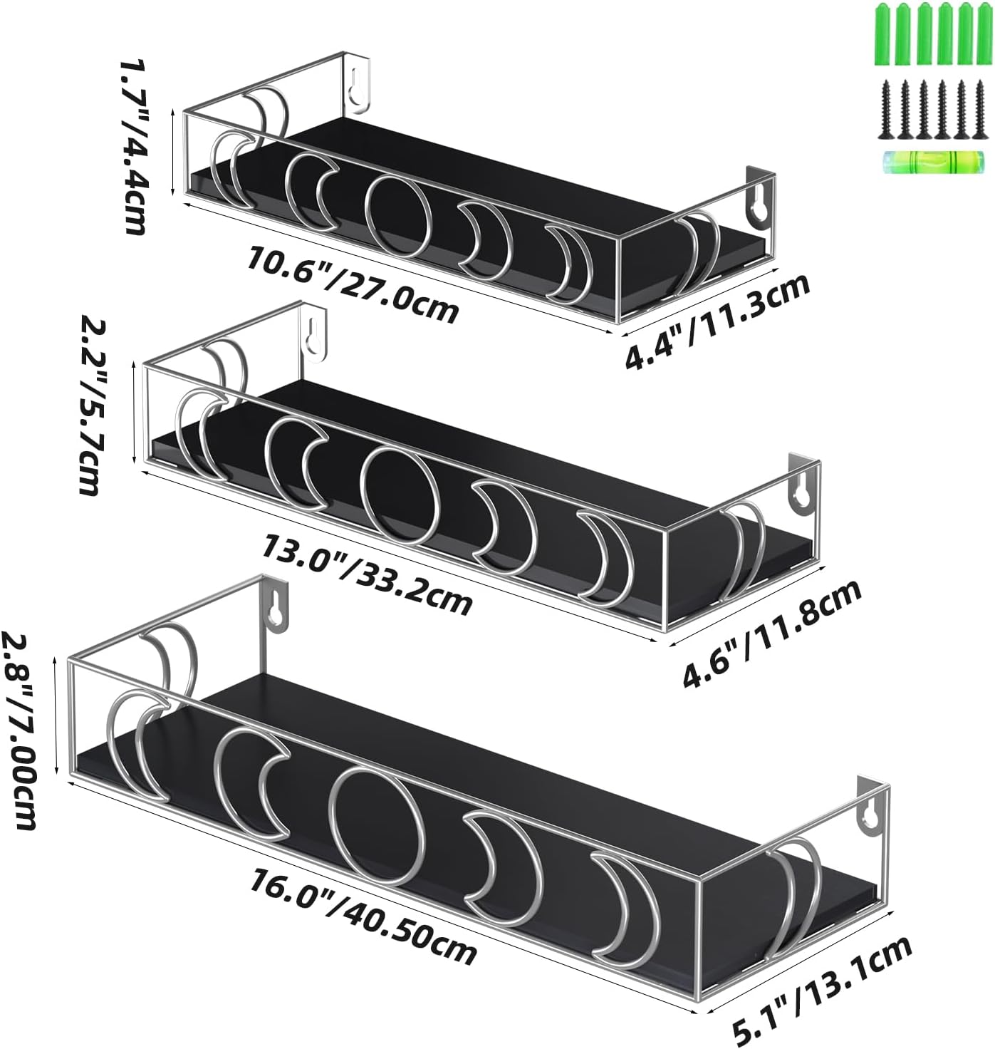 Moon Phase Wall Shelves Black Silver 3 Pack