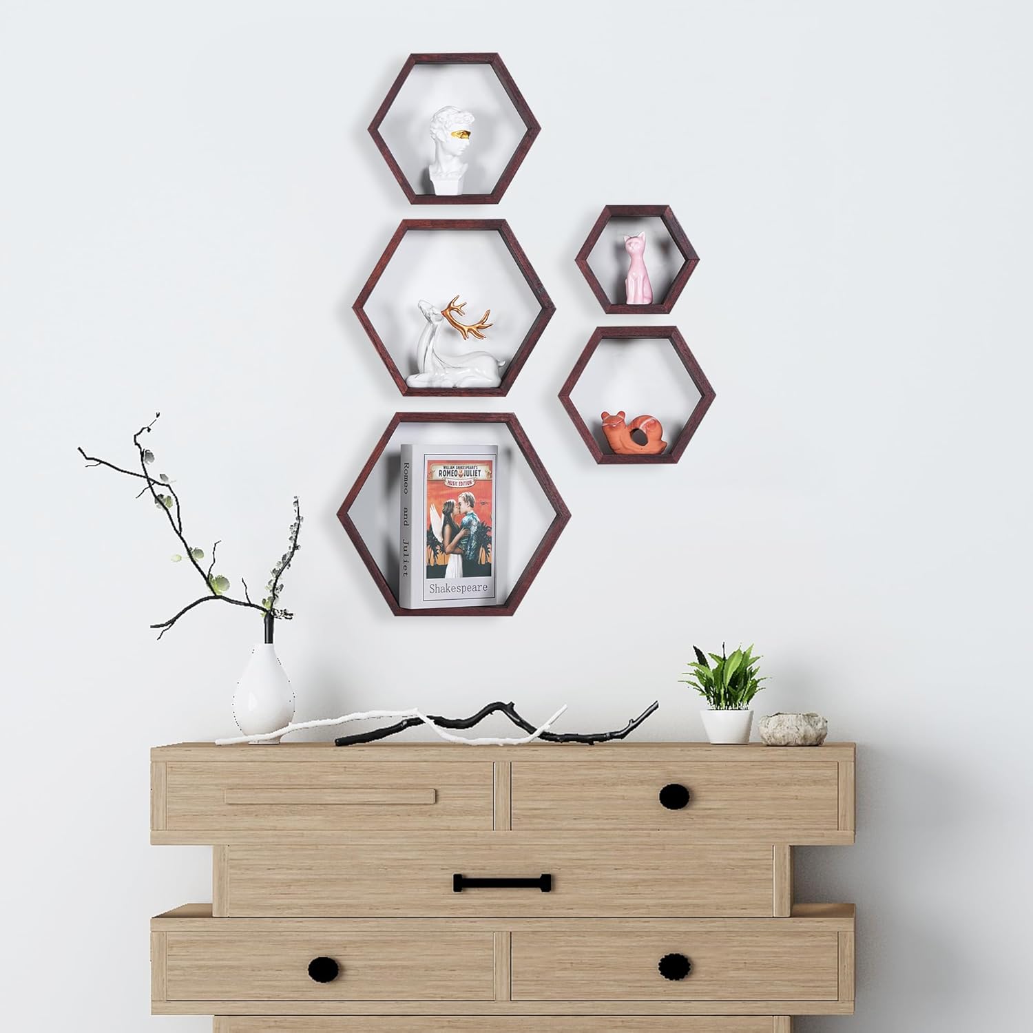 PHOENANCEE Hexagon Floating Shelves Set of 5 Driftwood Finish