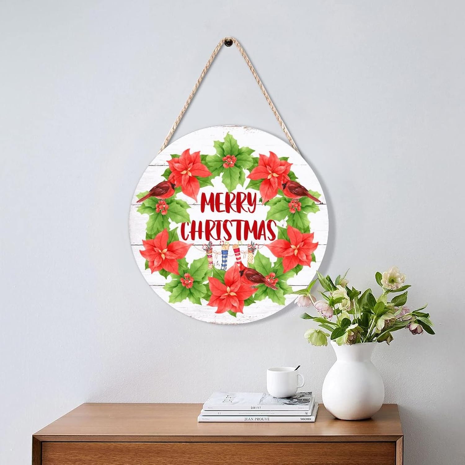 Red Birds on Holly Wreath Christmas Wood Door Hanger