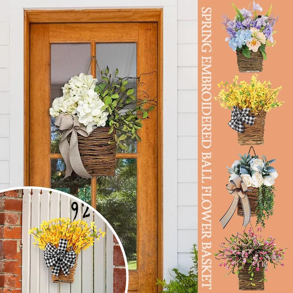 Hydrangea Door Wreath with Artificial Flowers and Rattan Basket 1