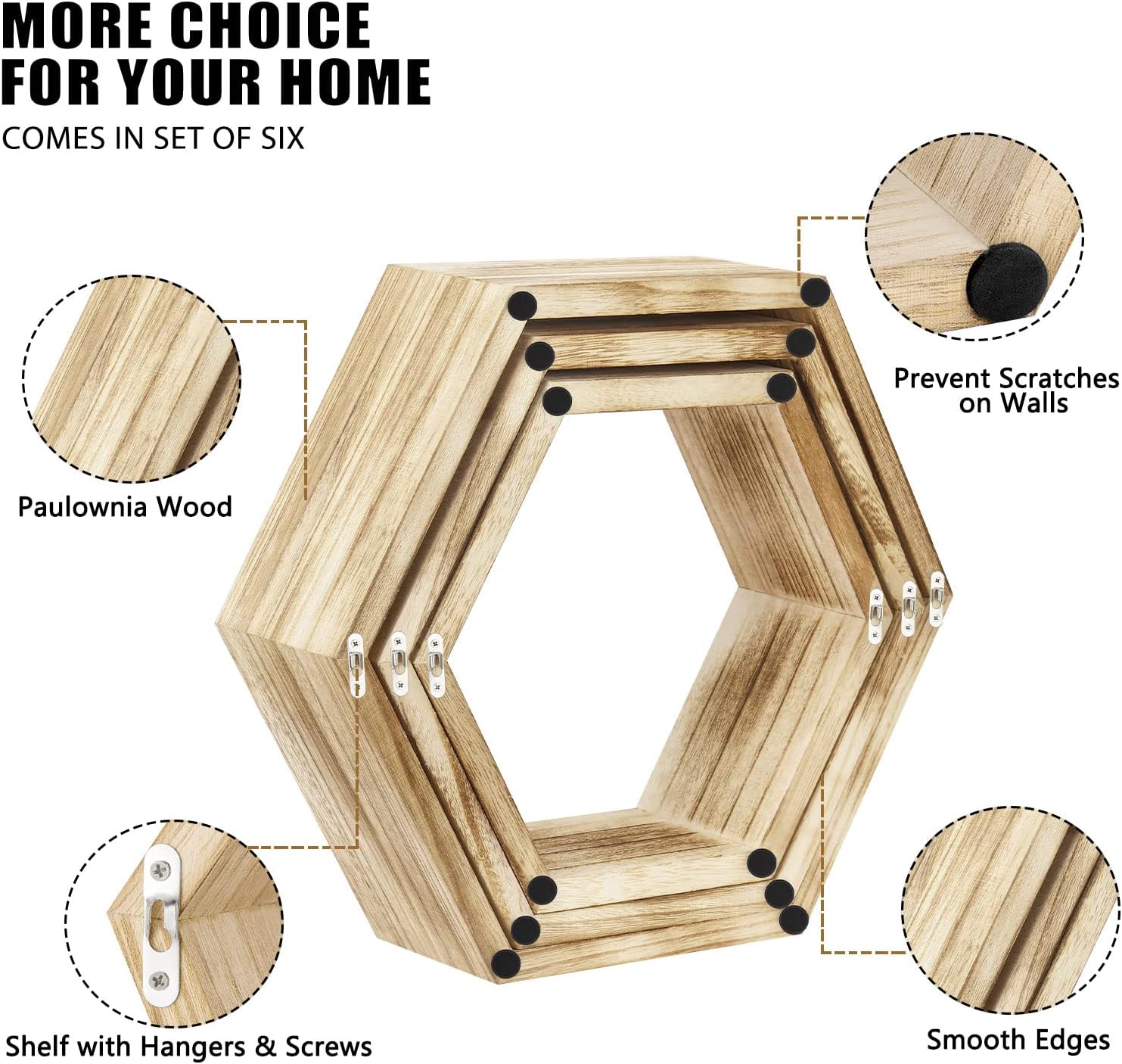 Set of 6 Wooden Hexagon Floating Shelves for Home Decor