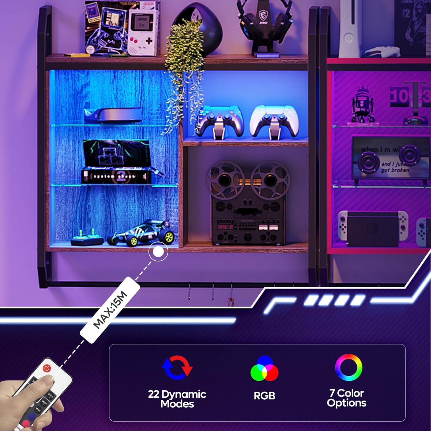 Bestier LED Gaming Floating Shelf with 6 S-Hooks Black Carbon Fiber