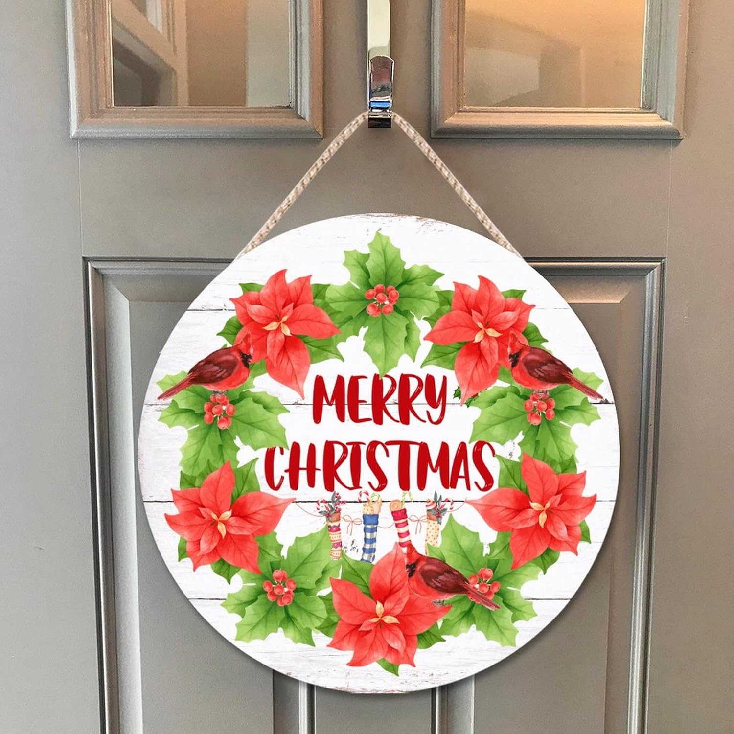 Red Birds on Holly Wreath Christmas Wood Door Hanger