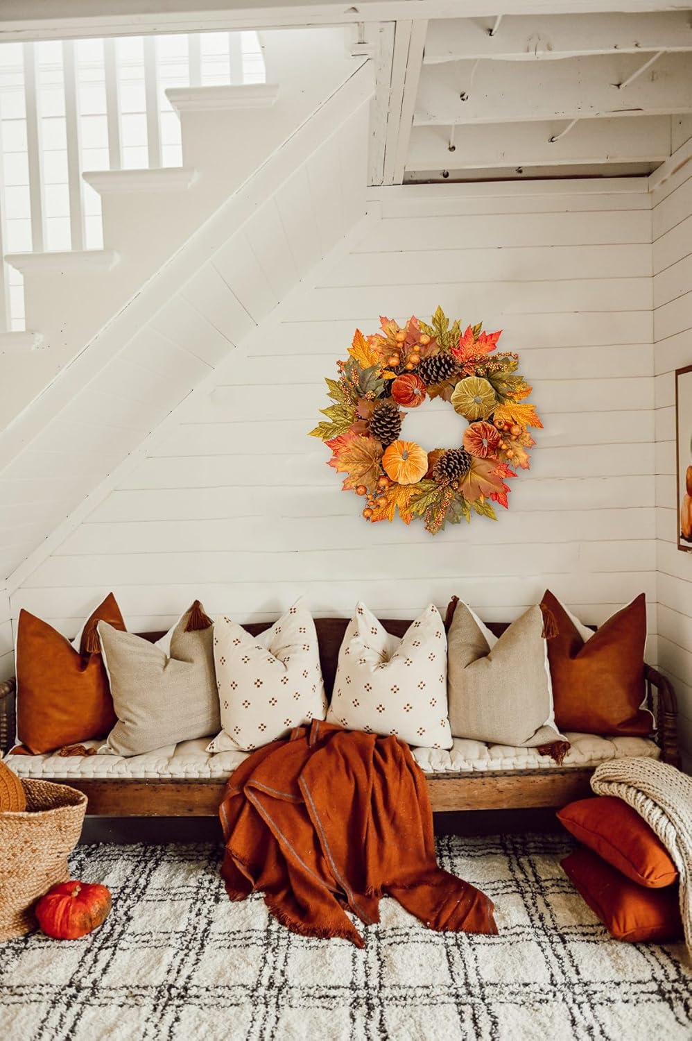 Gorgeous Fall Wreath with Velvet Pumpkins and Metal Hook
