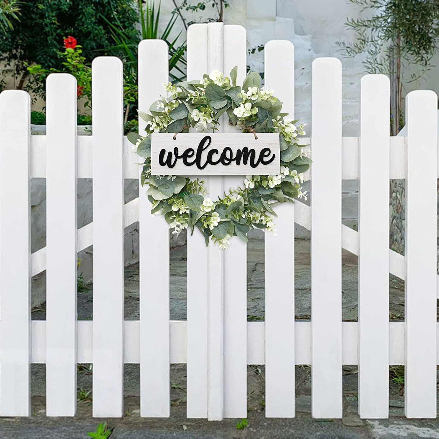 Dremisland 16 Inch Artificial Eucalyptus Wreath with Welcome Sign
