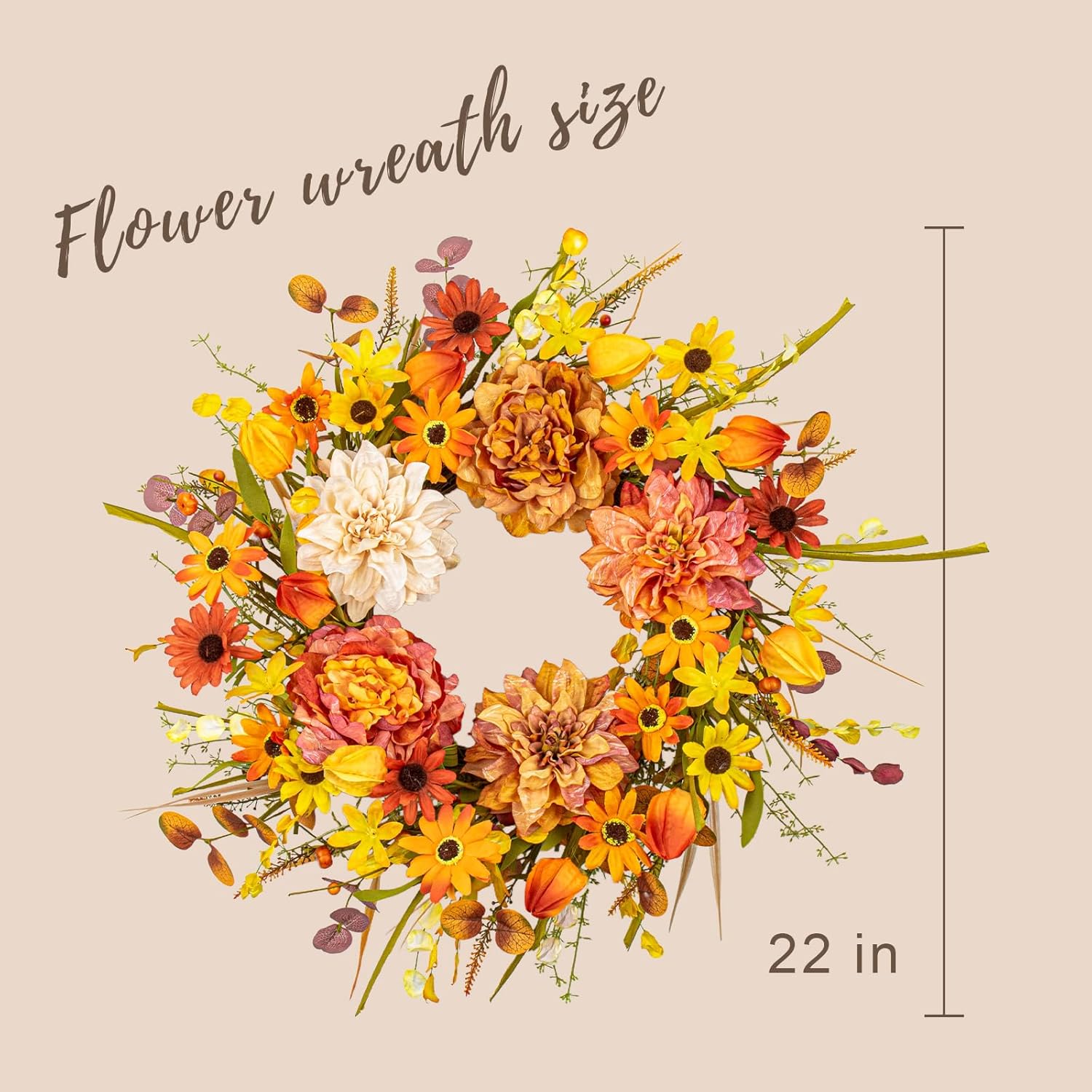 FloralElegance 22 Inch Fall Wreath with Five Dahlias