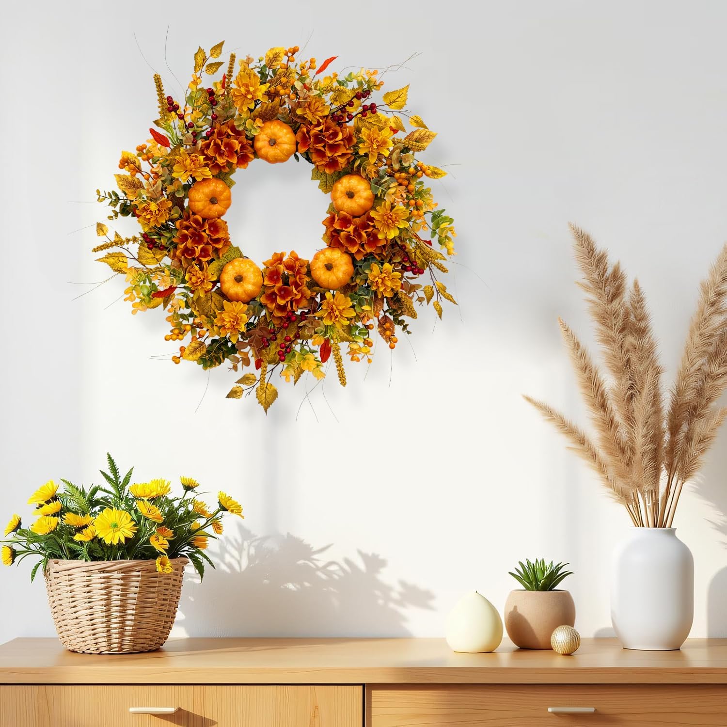 24 Inch Fall Door Wreath with Pumpkins and Hydrangeas