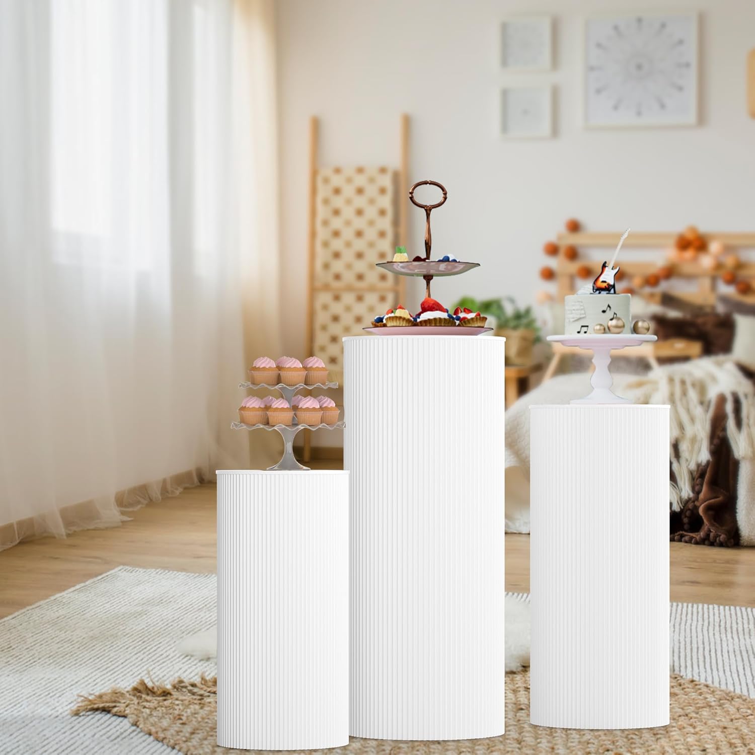 3Pcs White Cylinder Pedestal Stands for Party
