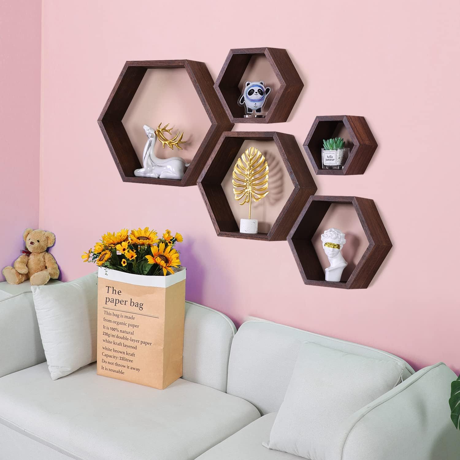 PHOENANCEE Hexagon Floating Shelves Set of 5 Driftwood Finish