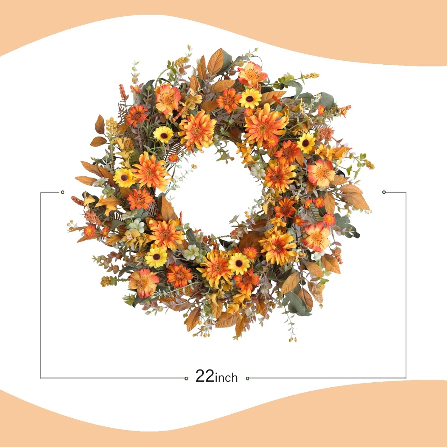 TEMPUS 22 Inch Fall Wreath with Yellow Daisies and Green Leaves - Artificial Wreath for Front Door Thanksgiving Decor