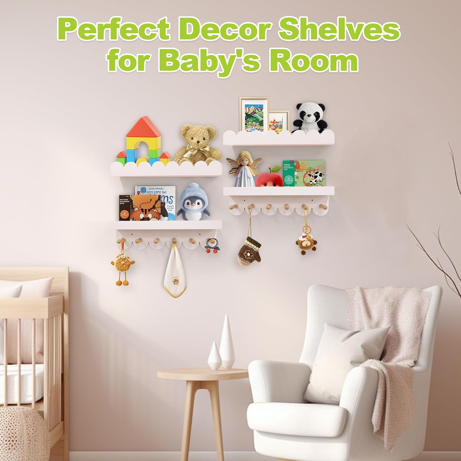 Varbonia Floating Nursery Book Shelves for Wall 4 Tier Storage with Wooden Pegs