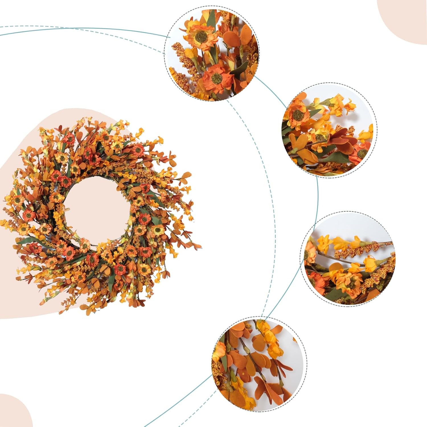 Bibelot 20 Inch Fall Wreath with Green Leaves and Yellow Daisies