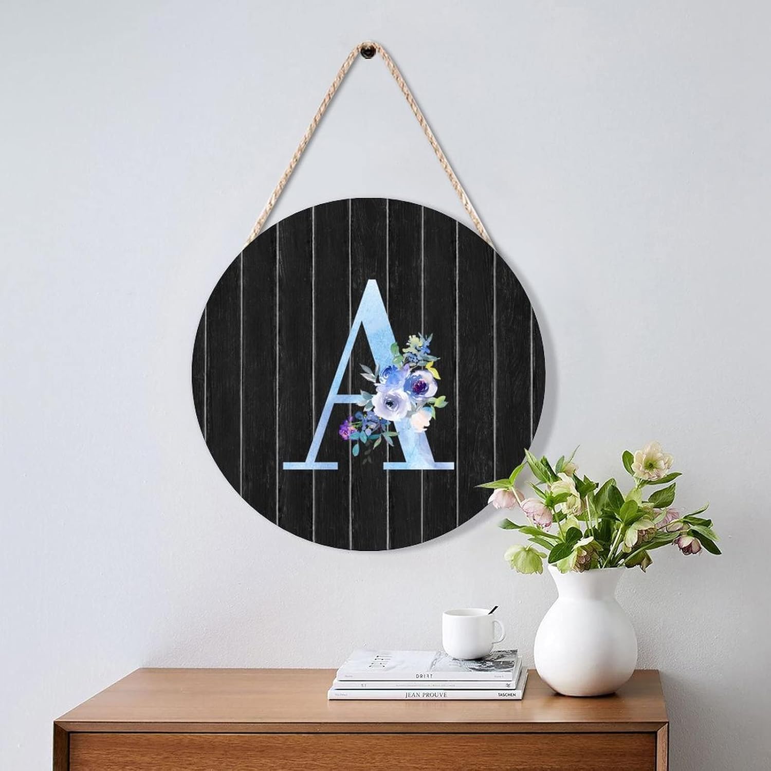 Farmhouse Front Door Hanger Watercolor Blue Floral Letter A Wood Sign