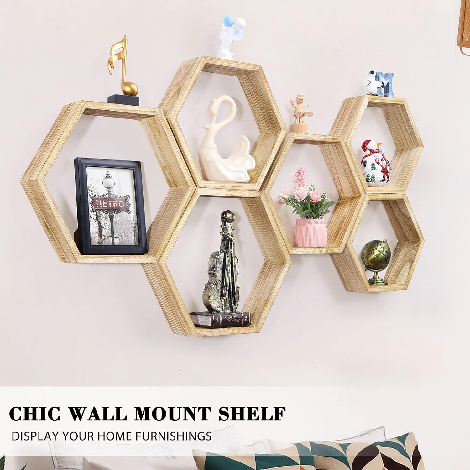 Set of 6 Wooden Hexagon Floating Shelves for Home Decor