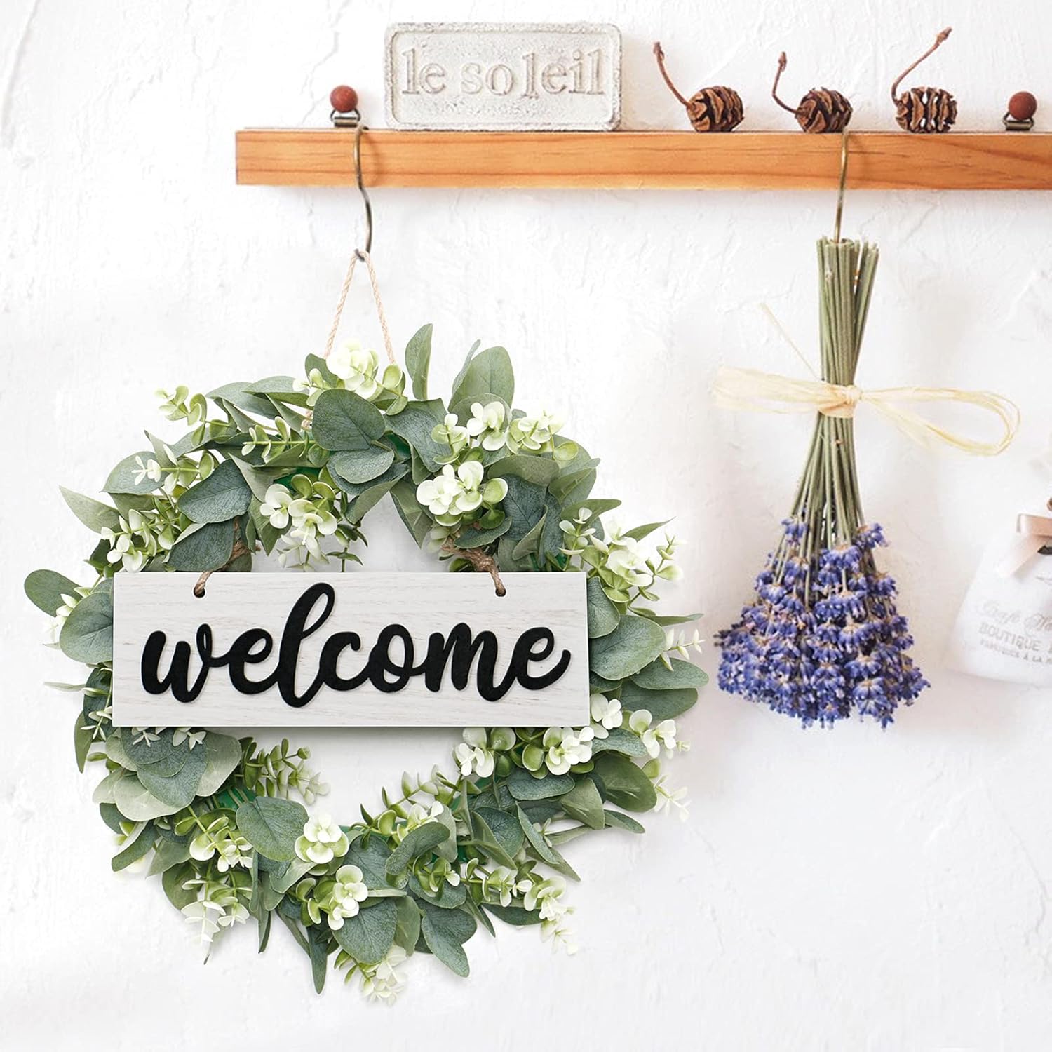 Dremisland 16 Inch Artificial Eucalyptus Wreath with Welcome Sign
