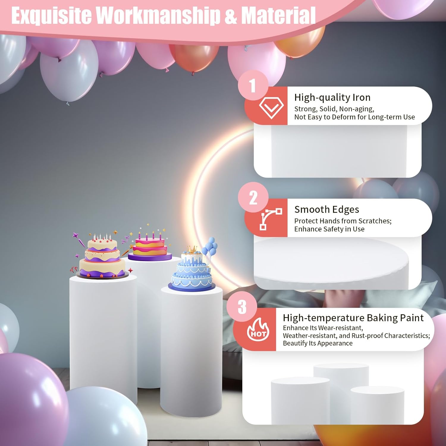 3 Pcs Round Cylinder Pedestal Stand for Wedding Party Display Decor White