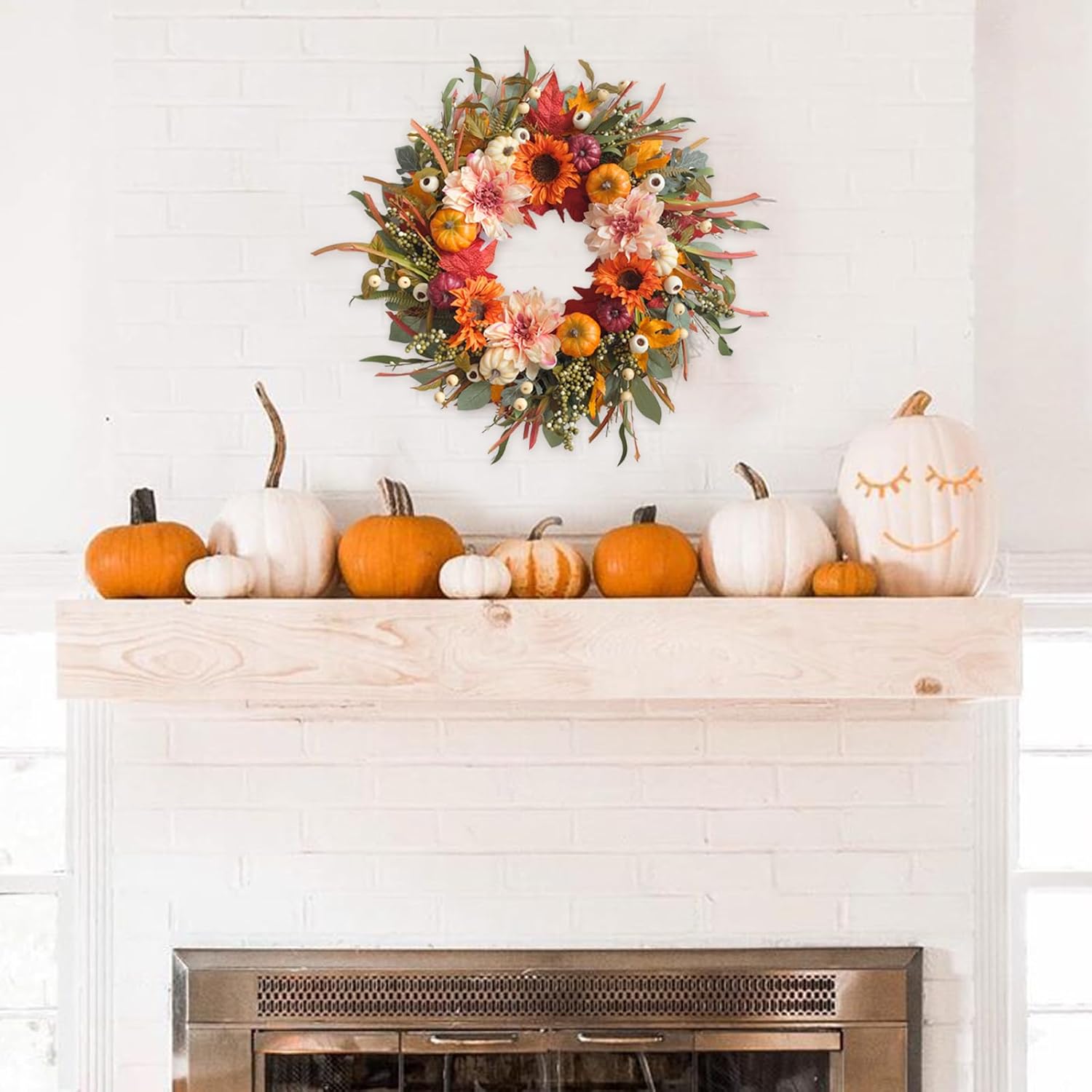 24 Inch Autumn Wreath with Sunflowers and Pumpkins