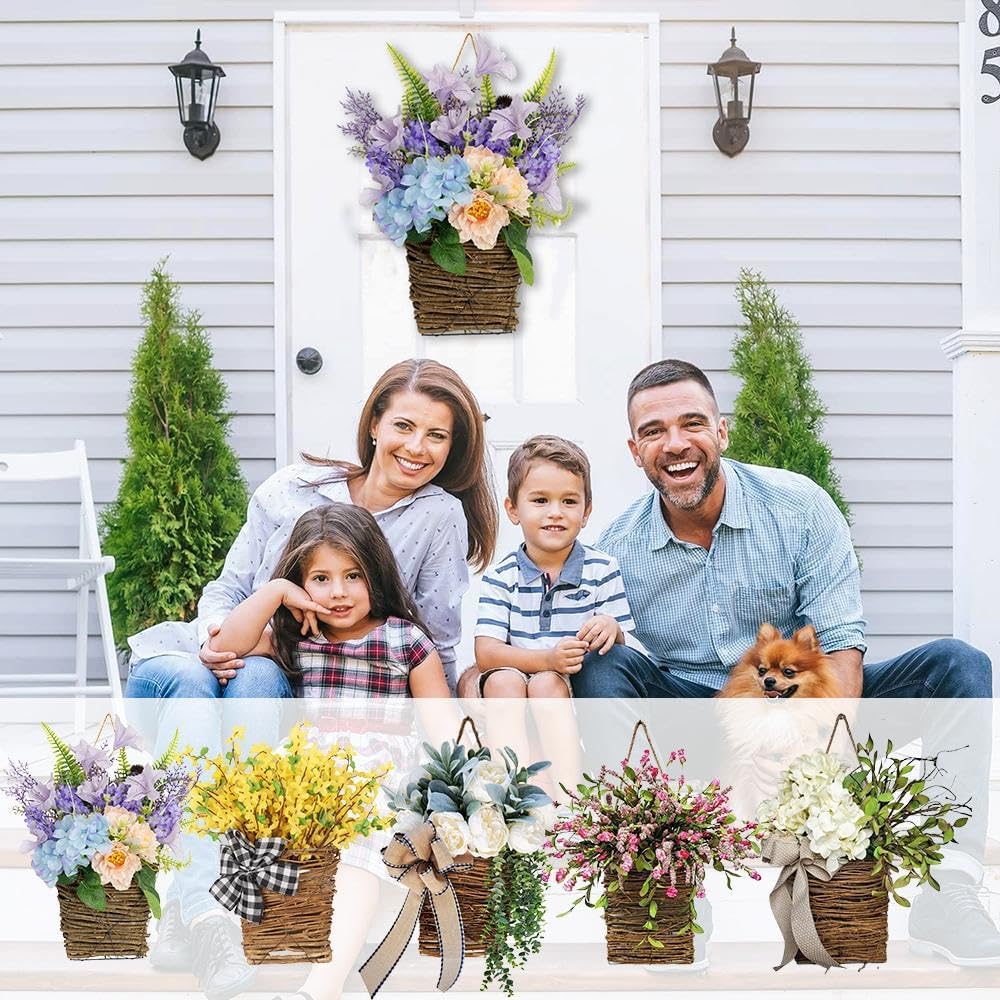 Hydrangea Door Wreath with Artificial Flowers and Rattan Basket 1