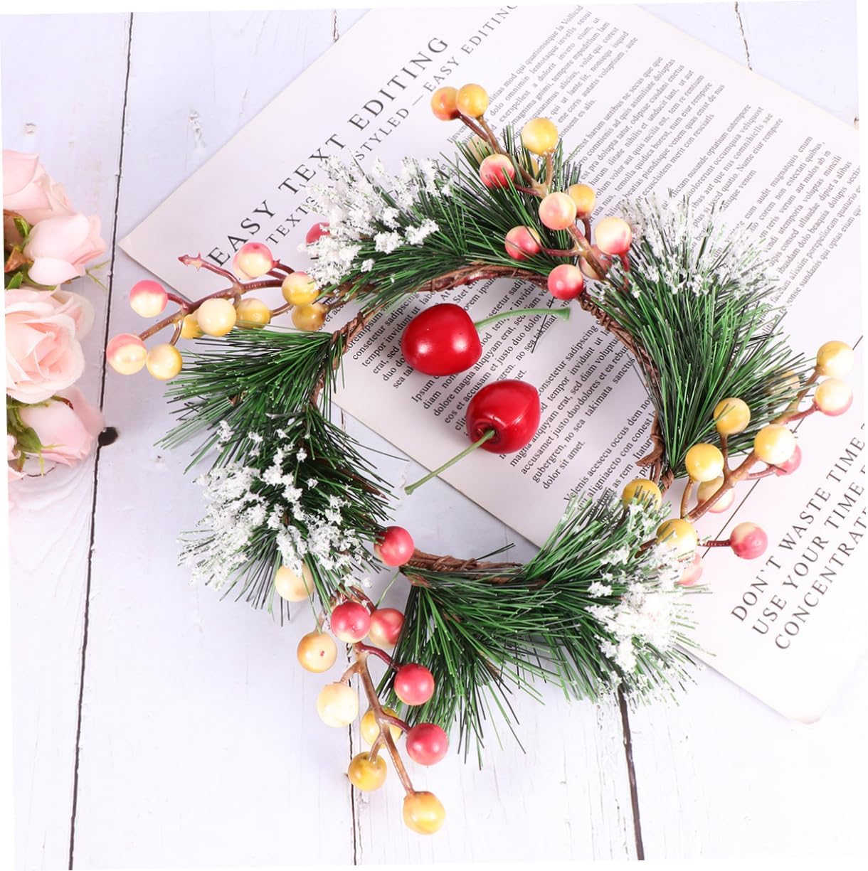 LIFKOME Simulated Berry Pink Flower Wall Decor Wreath Front Door Hanger