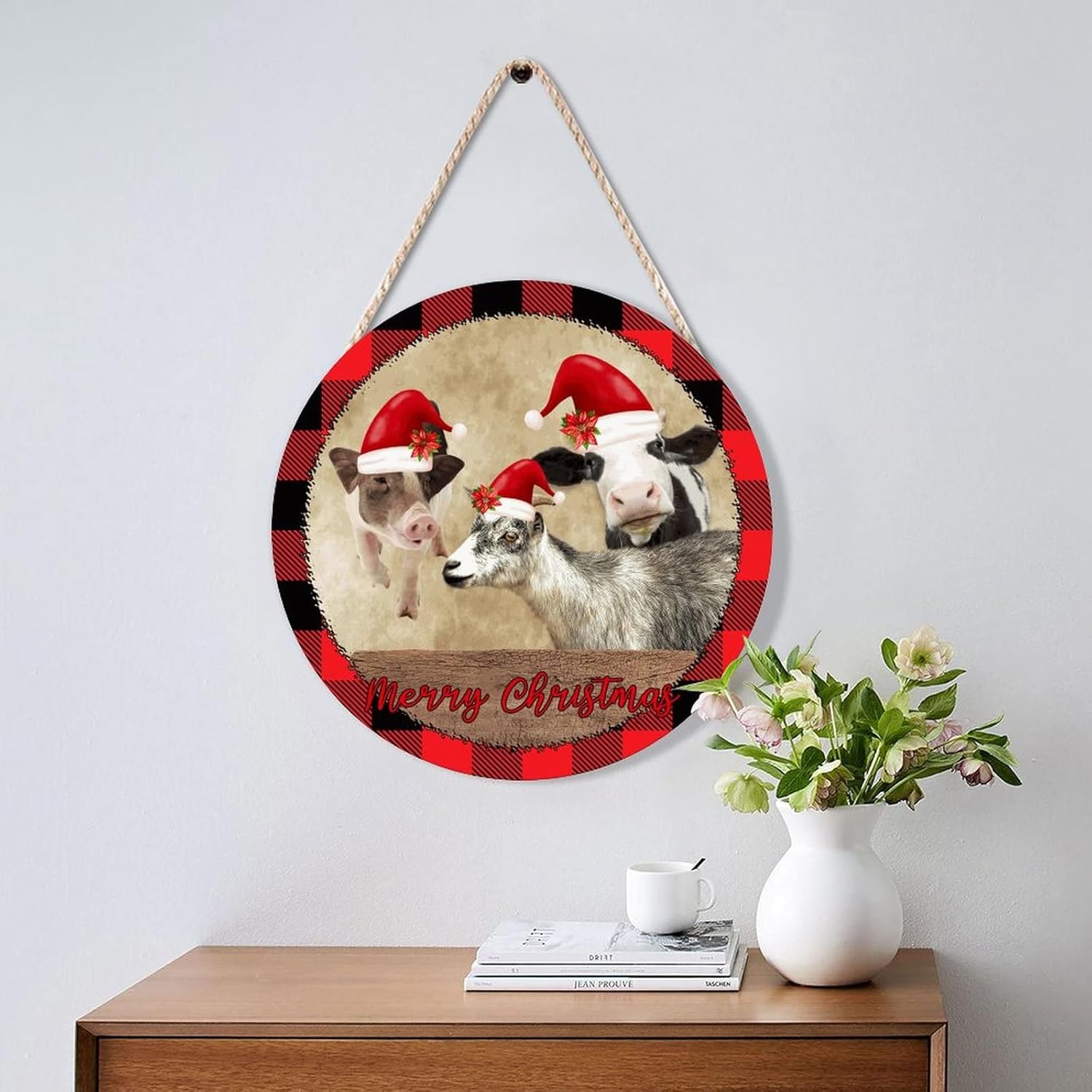 Farmhouse Door Hanger with Santa Hat and Farm Animals