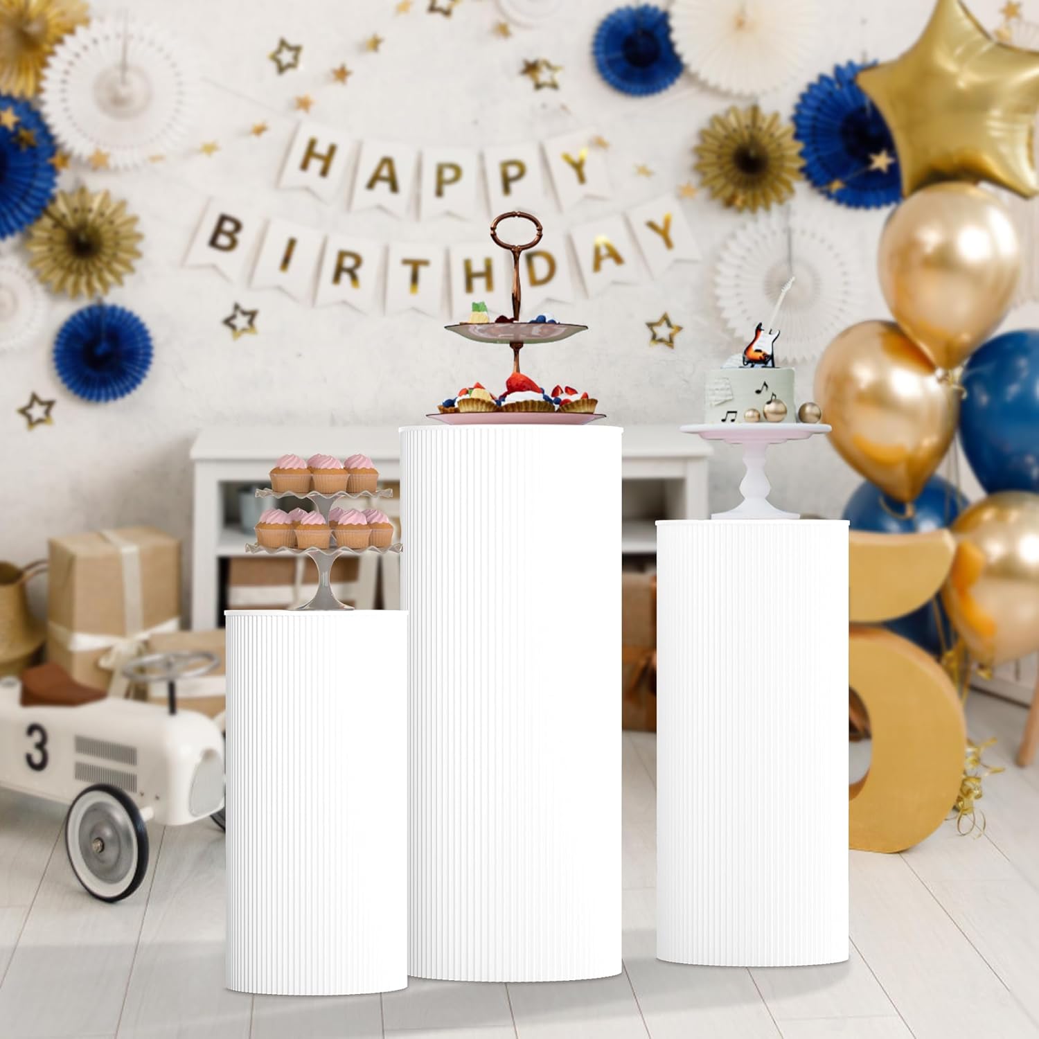 3pcs White Cylinder Pedestal Stands for Party Decoration