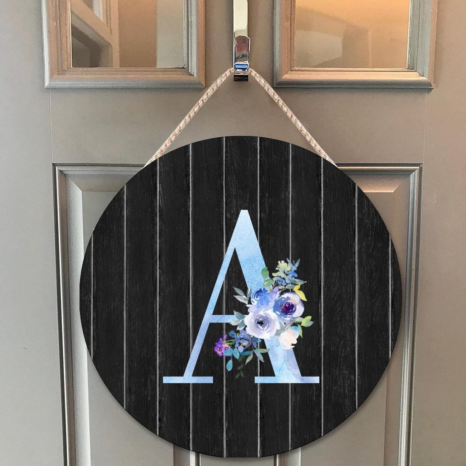 Farmhouse Front Door Hanger Watercolor Blue Floral Letter A Wood Sign