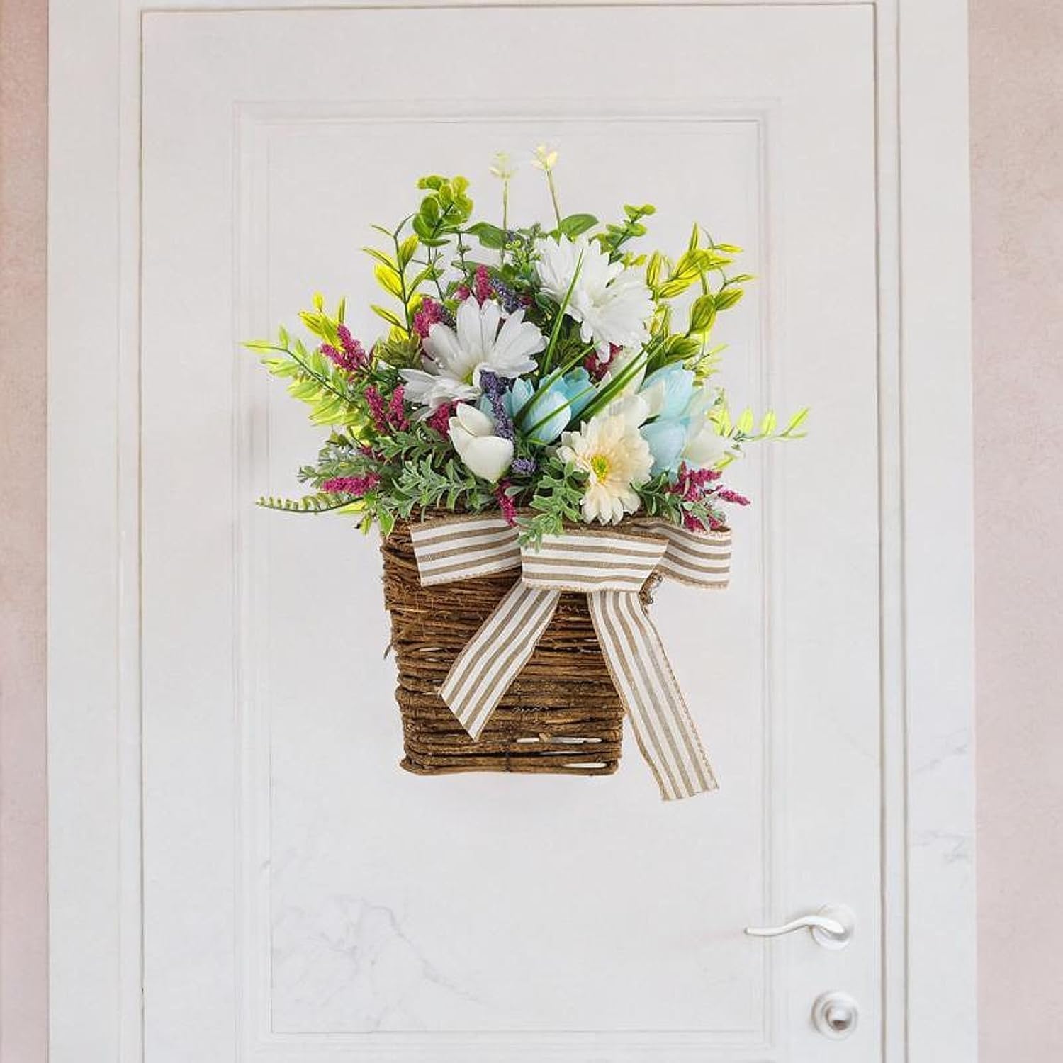 Lindagary Spring Summer Artificial Flower Wreath Door Hanger Basket