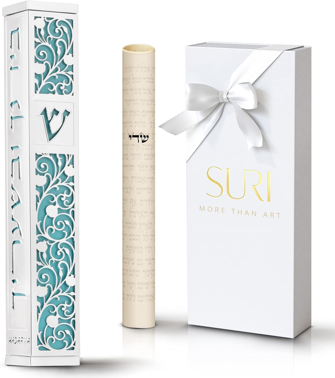 SURI Mezuzah Door Ornament - Modern Silver Blue Scroll Case