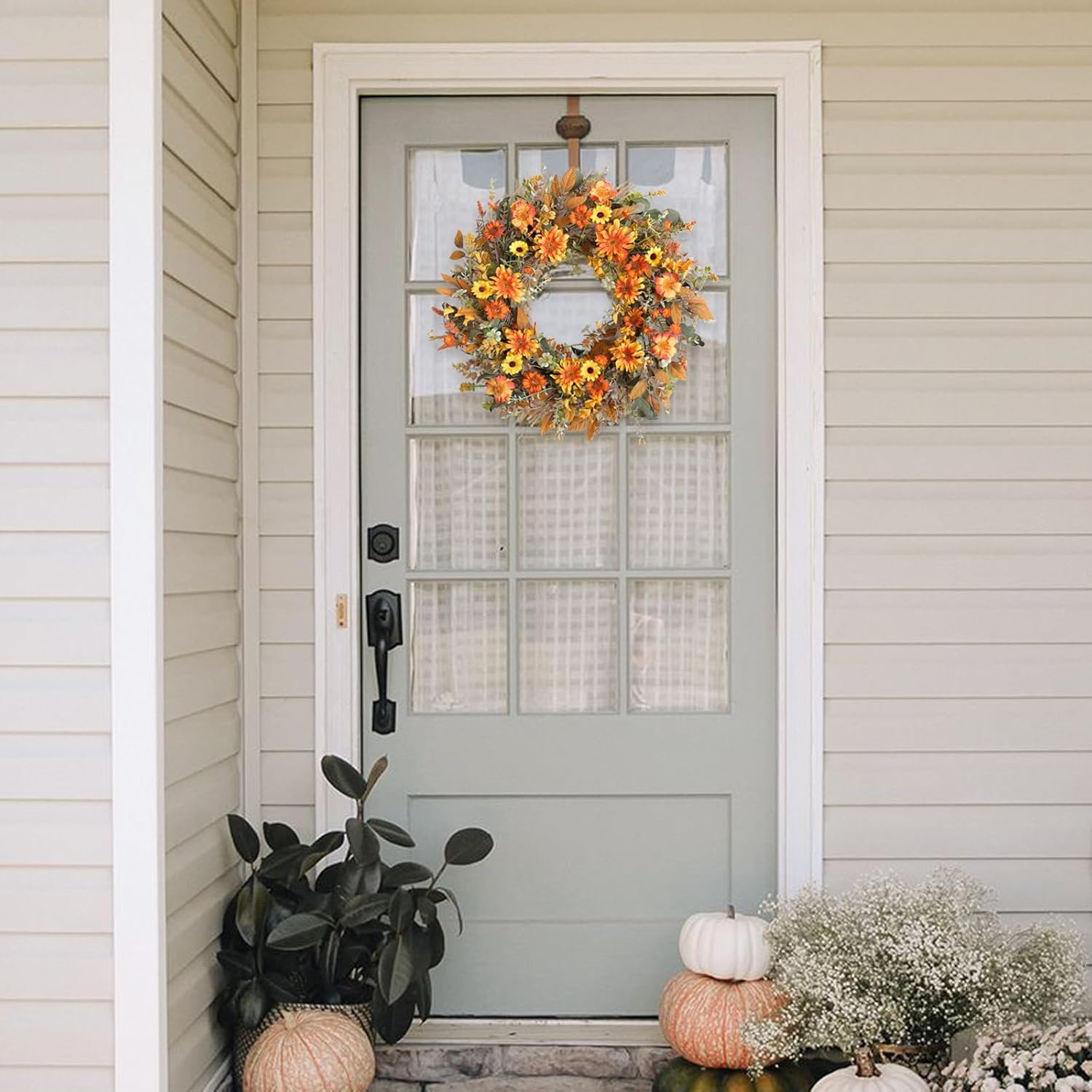TEMPUS 22 Inch Fall Wreath with Yellow Daisies and Green Leaves - Artificial Wreath for Front Door Thanksgiving Decor