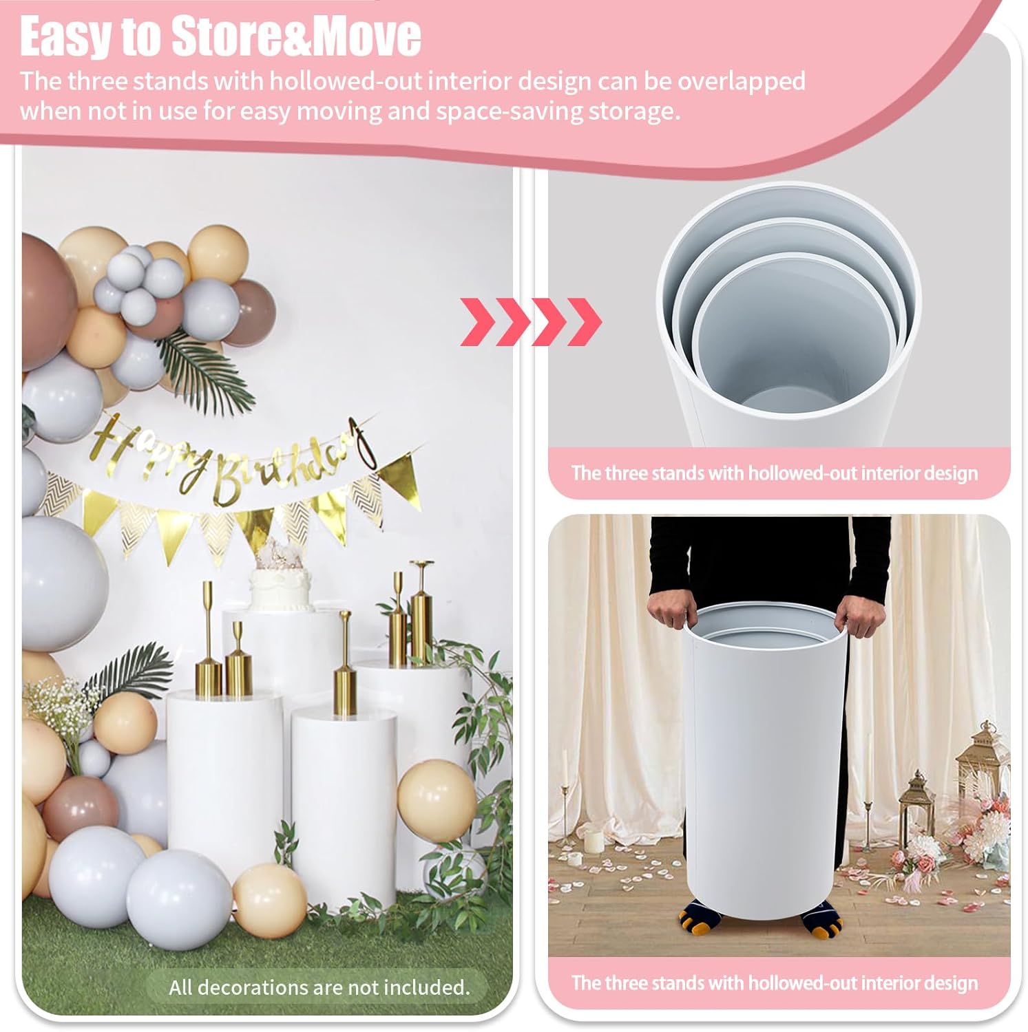 3 Pcs Round Cylinder Pedestal Stands for Party Decoration