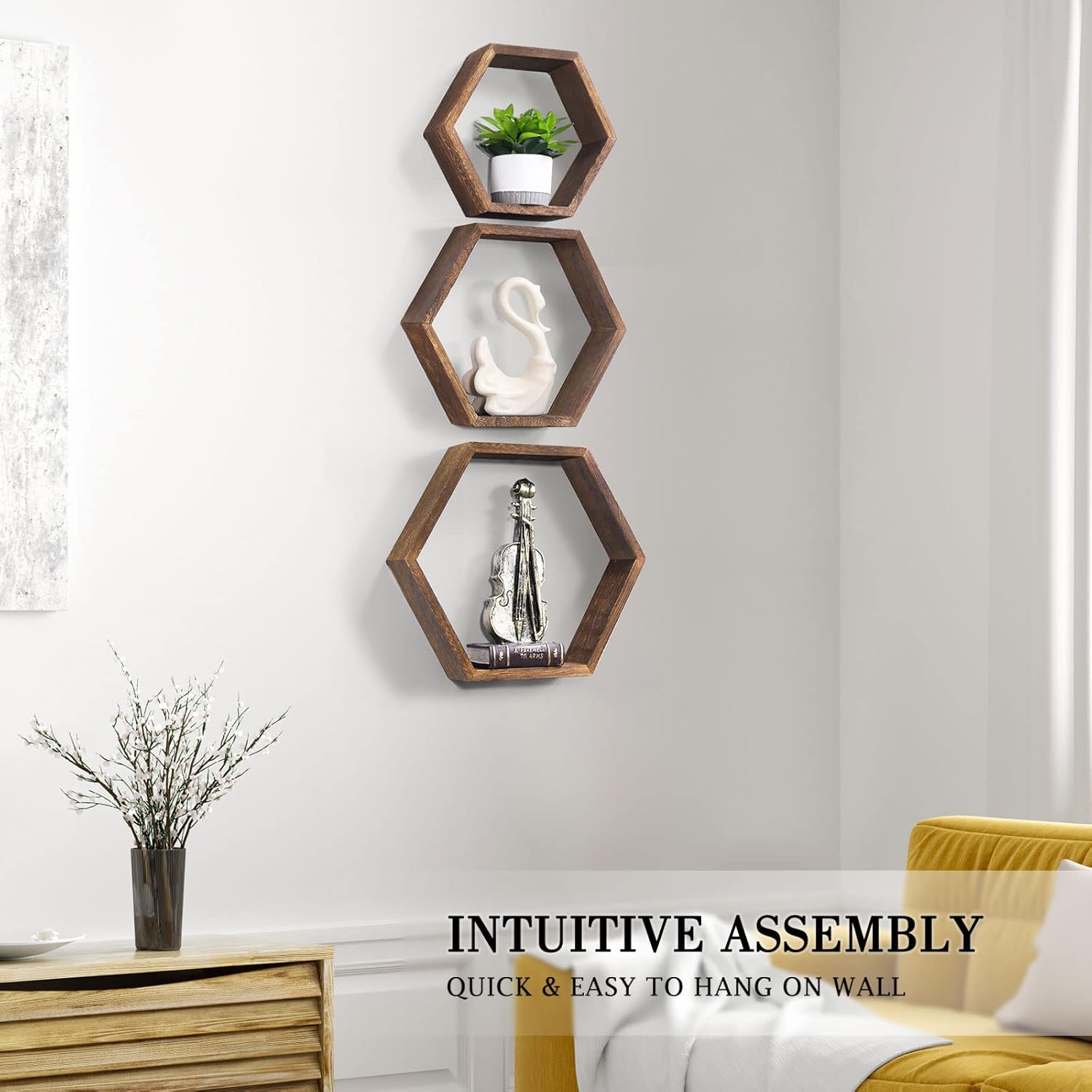 Novimango Hexagon Floating Shelves Set of 6 Rustic Brown