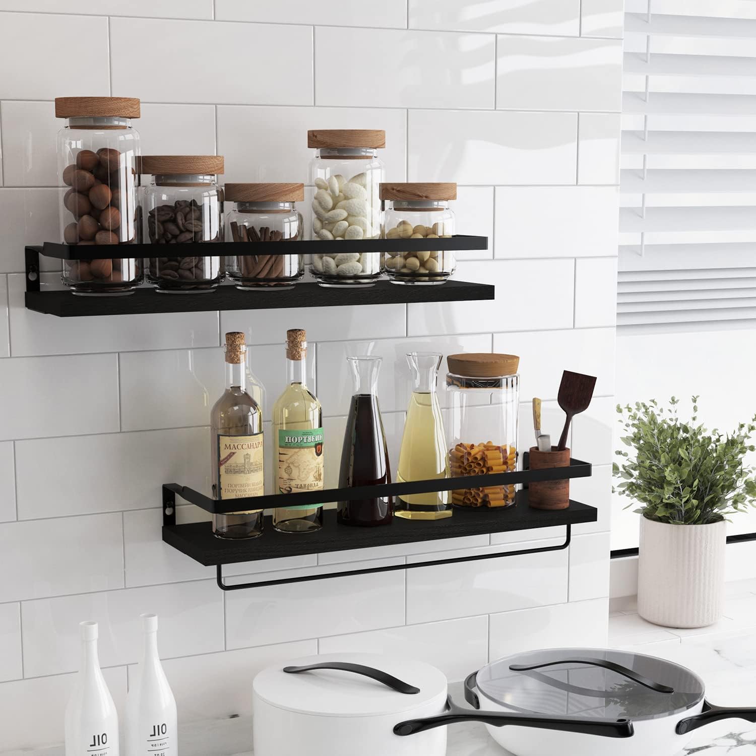 Floating Shelves for Wall Set of 2 Black with Towel Bar
