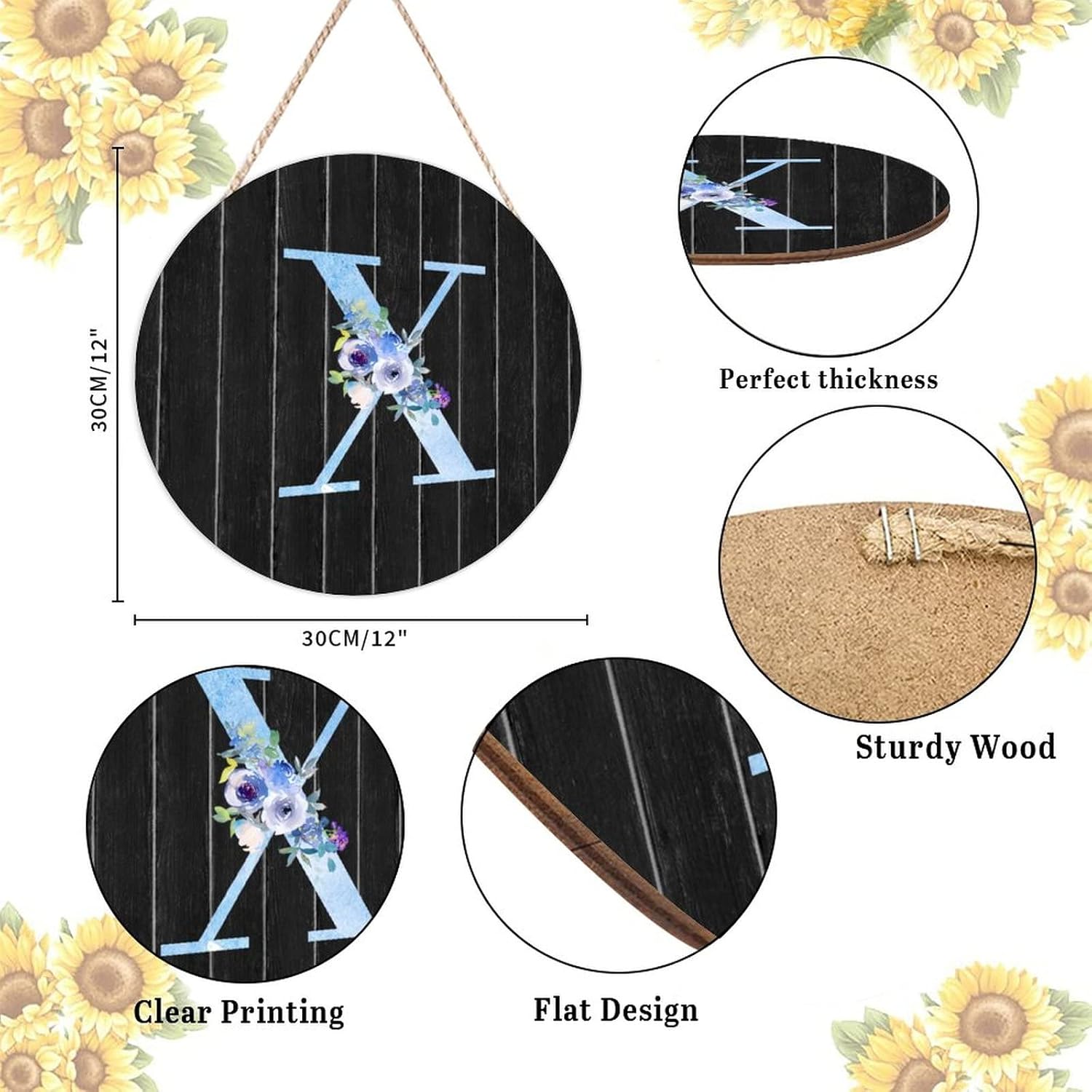 Farmhouse Front Door Hanger Watercolor Blue Floral Letter X Wood Sign