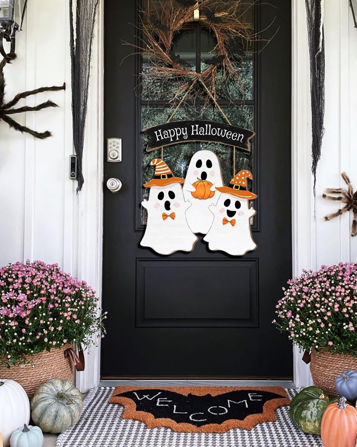 Wooden Halloween Wreath - Ghost Door Decor Hanging Sign for Home Wall Decor Party Supplies