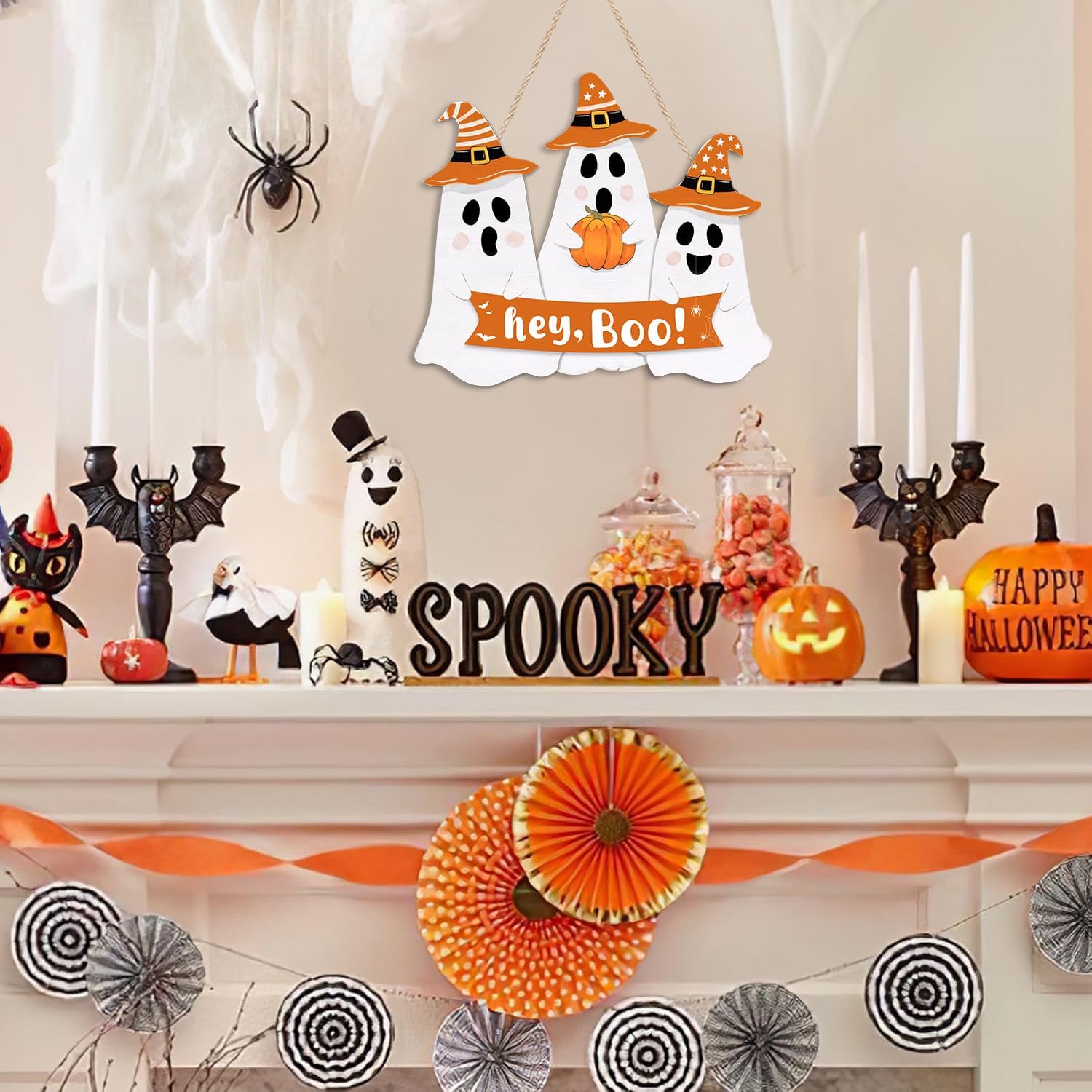 Halloween Ghost Door Sign Wooden Welcome Wreath