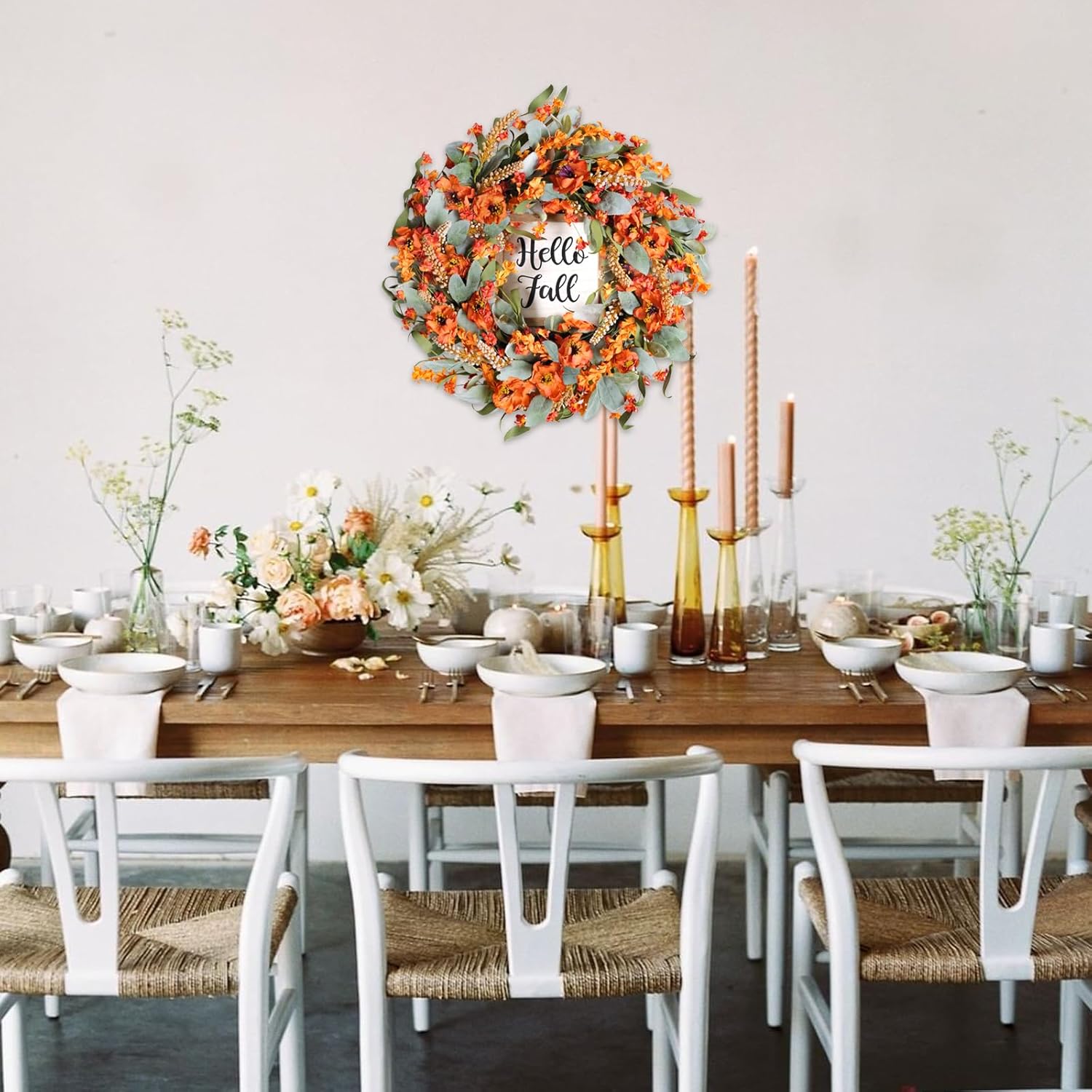 Bibelot Fall Wreaths 22 Inch Lambs Ears Leaves Yellow Flowers Hello Fall Sign Front Door Porch Farmhouse Decor